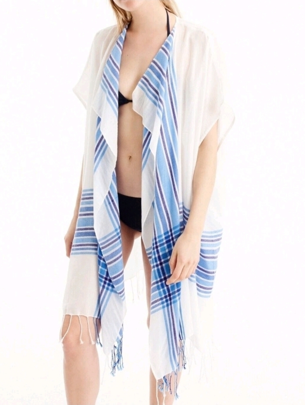 J. Crew Plaid Border Beach Poncho Cobalt/White Style G7251 One Size